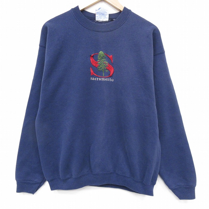 90s 長袖スウェット 刺繍 ネイビー L | 古着