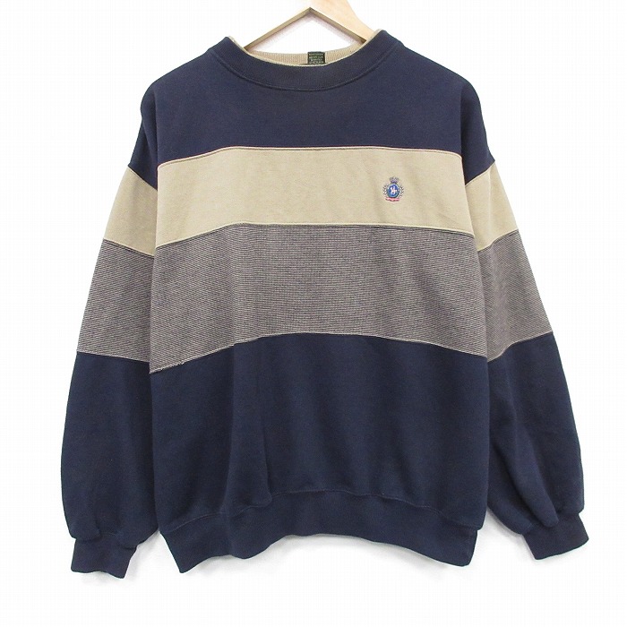 XL★古着 長袖 スウェット メンズ 90年代 90s ワンポイントロゴ クルーネック 紺他 ボーダー 25dec13
