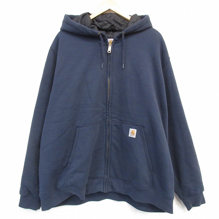 XL★古着 カーハート 長袖 フルジップ スウェット パーカー メンズ ワンポイントロゴ 大きいサイズ 紺 25dec12