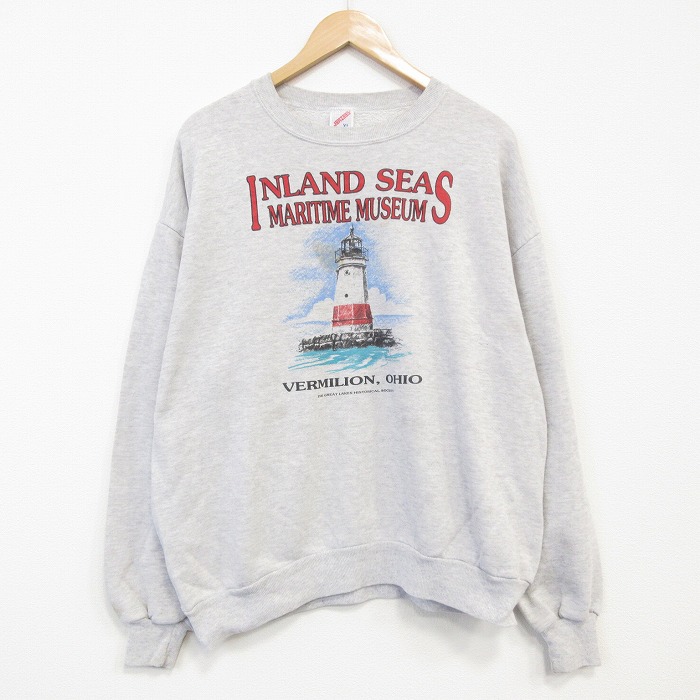 XL★古着 ジャージーズ長袖 スウェット メンズ 90年代 90s 灯台 クルーネック USA製 薄グレー 霜降り 25dec12