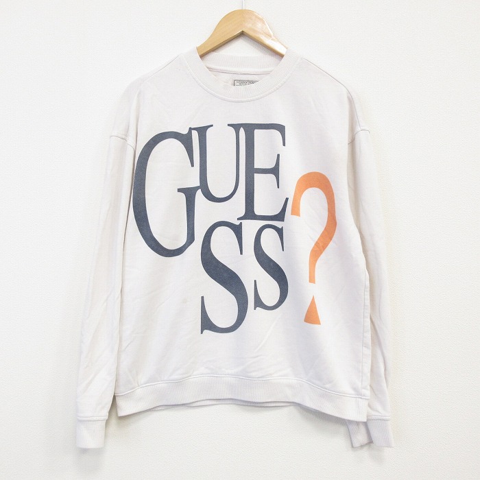 M★古着 ゲス GUESS 長袖 ブランド スウェット メンズ 00年代 00s ビッグロゴ クルーネック 白 25dec12
