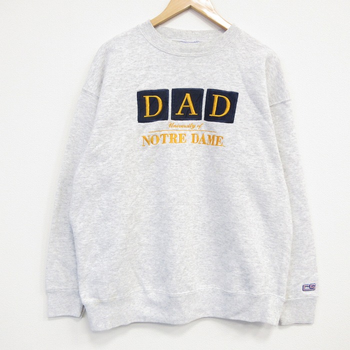 XL★古着 長袖 スウェット メンズ 90年代 90s ノートルダム 刺繍 クルーネック USA製 薄グレー 霜降り 25dec12