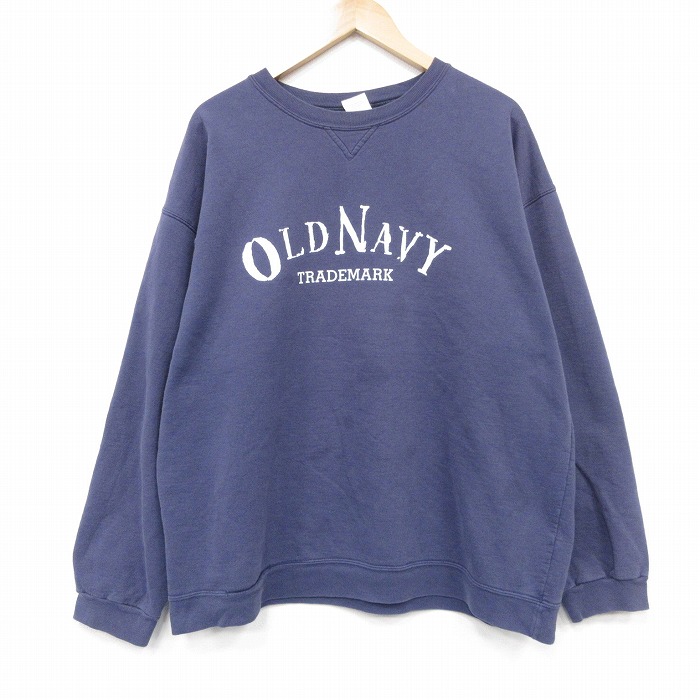 XL★古着 オールドネイビー 長袖 スウェット メンズ 90年代 90s ビッグロゴ 大きいサイズ クルーネック USA製 紺 25dec13
