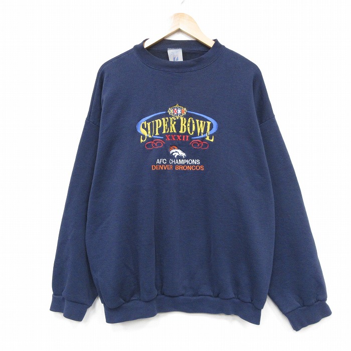 XL★古着 長袖 スウェット メンズ 90年代 90s NFL デンバーブロンコス 刺繍 クルーネック 紺 アメフト スーパーボウル【spe】 25dec13