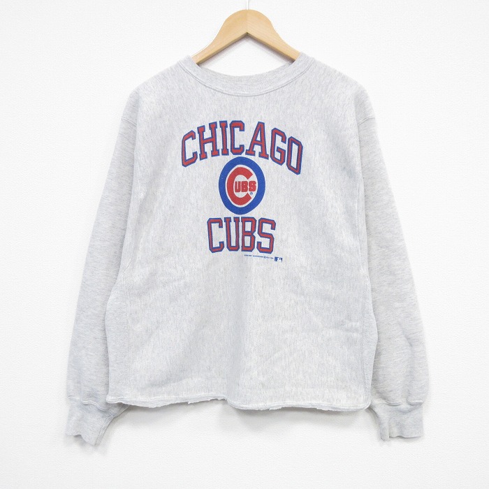L★古着 長袖 スウェット メンズ 80年代 80s MLB シカゴカブス クルーネック 薄グレー 霜降り メジャーリーグ ベースボール 野球 25dec13