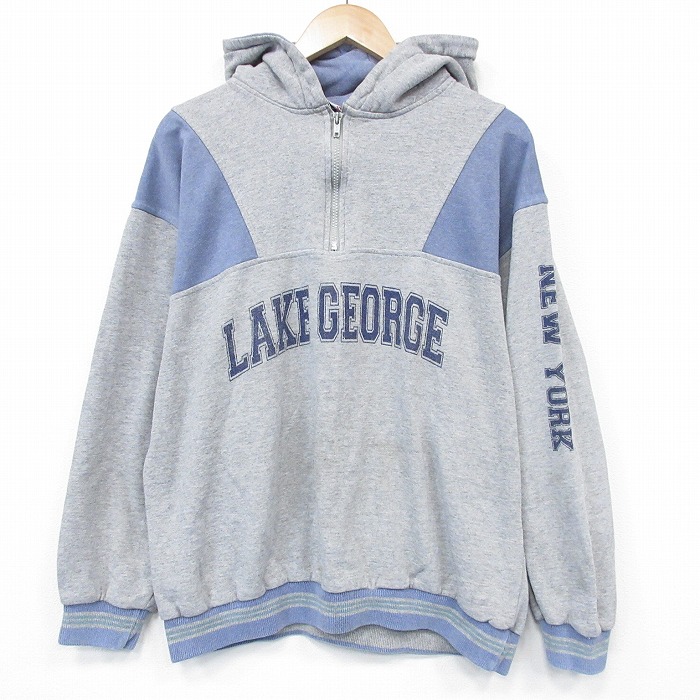 L★古着 長袖 ハーフジップ スウェット パーカー メンズ 90年代 90s LAKE USA製 薄グレー 霜降り 25dec15