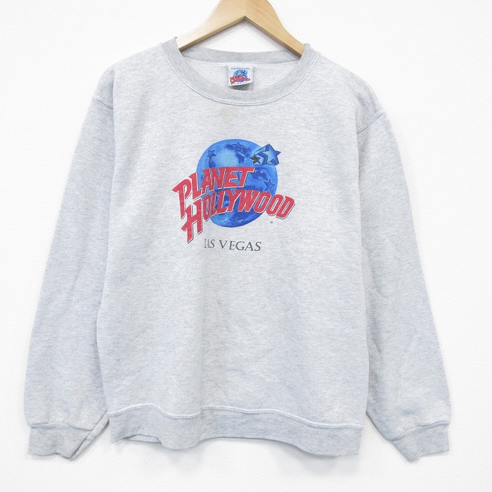 M★古着 長袖 スウェット メンズ 90年代 90s プラネットハリウッド クルーネック USA製 薄グレー 霜降り 25dec15
