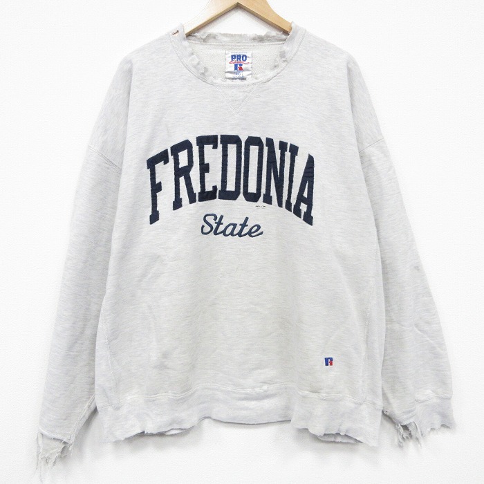 XL★古着 ラッセル 長袖 スウェット メンズ 90年代 90s FREDONIA 刺繍 ボロ 大きいサイズ クルーネック USA製 薄グレー 霜降り【spe】 25dec17