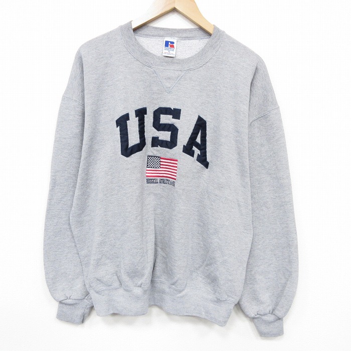 XL★古着 ラッセル 長袖 スウェット メンズ 90年代 90s USAロゴ クルーネック USA製 グレー 霜降り 25dec16