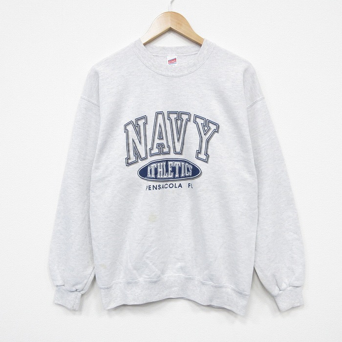 L★古着 長袖 スウェット メンズ 90年代 90s ミリタリー ネイビー NAVY クルーネック USA製 薄グレー 霜降り 25dec18