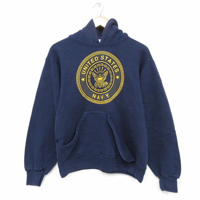 S★古着 長袖 スウェット パーカー メンズ 90年代 90s ミリタリー USネイビー リフレクターUSA製 紺 25dec18