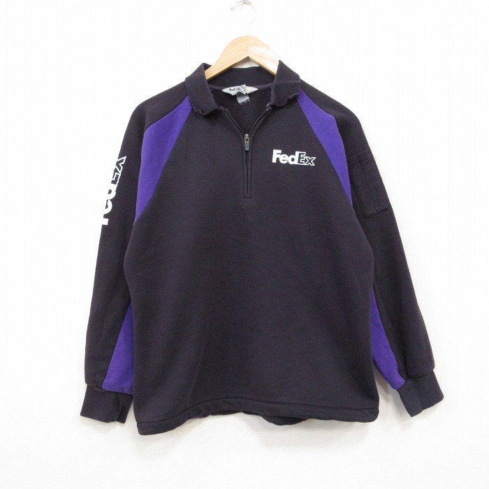 L★古着 長袖 ハーフジップ スウェット メンズ FedEx ラグラン 襟付き 黒他 25dec19