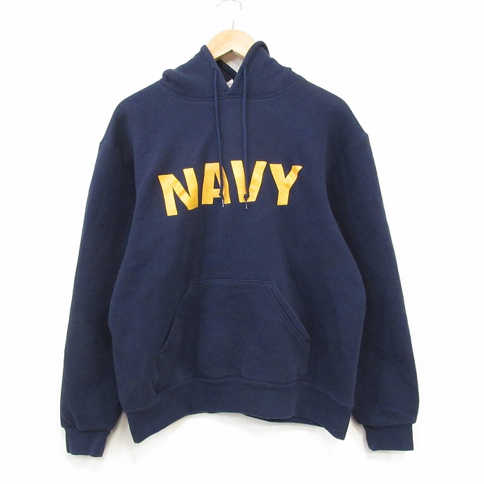 L★古着 長袖 スウェット パーカー メンズ 00年代 00s ミリタリー ネイビー NAVY 紺 25dec19
