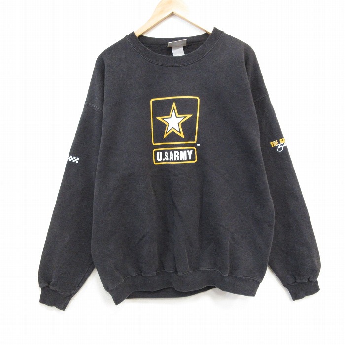 XL★古着 ヘインズ 長袖 スウェット メンズ 00年代 00s USアーミーレーシング クルーネック 黒 25dec19