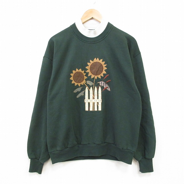 L★古着 長袖 スウェット メンズ 90年代 90s ヒマワリ 刺繍 モックネック ハイネック USA製 緑 25dec19