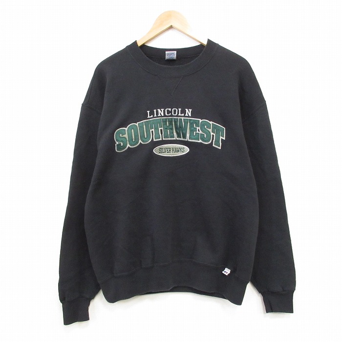 L★古着 ラッセル 長袖 スウェット メンズ 00年代 00s サウスウエスト 刺繍 クルーネック 黒 25dec19