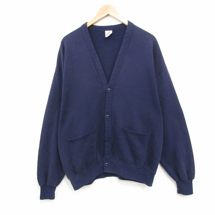 L★古着 ジャージーズ 長袖 スウェット カーディガン メンズ 90年代 90s 無地 USA製 紺 25dec19
