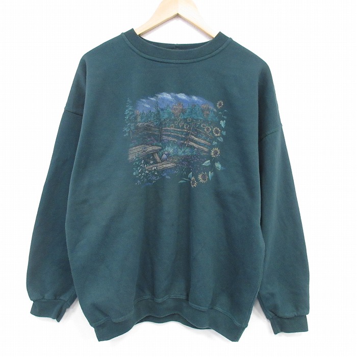 XL★古着 NORTHERN REFRECTIONS 長袖 スウェット メンズ 90年代 90s 花 クルーネック USA製 濃緑 25dec19