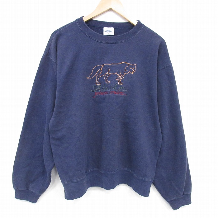 L★古着 長袖 スウェット メンズ 90年代 90s アラスカ 刺繍 クルーネック USA製 紺 25dec19