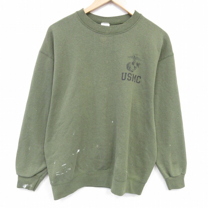 XL★古着 長袖 スウェット メンズ ミリタリー USMC クルーネック USA製 薄緑 25dec19