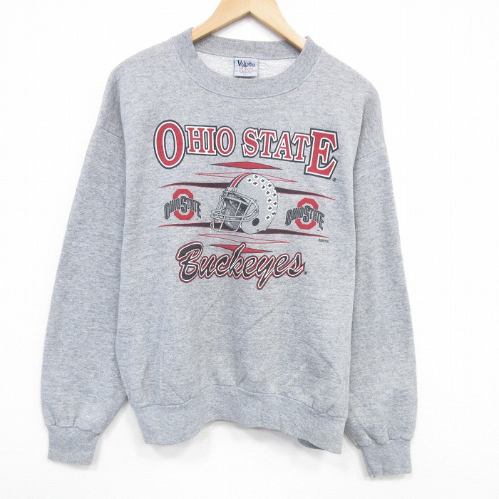 L★古着 長袖 スウェット メンズ 90年代 90s オハイオバックアイズ クルーネック USA製 グレー 霜降り 25dec20
