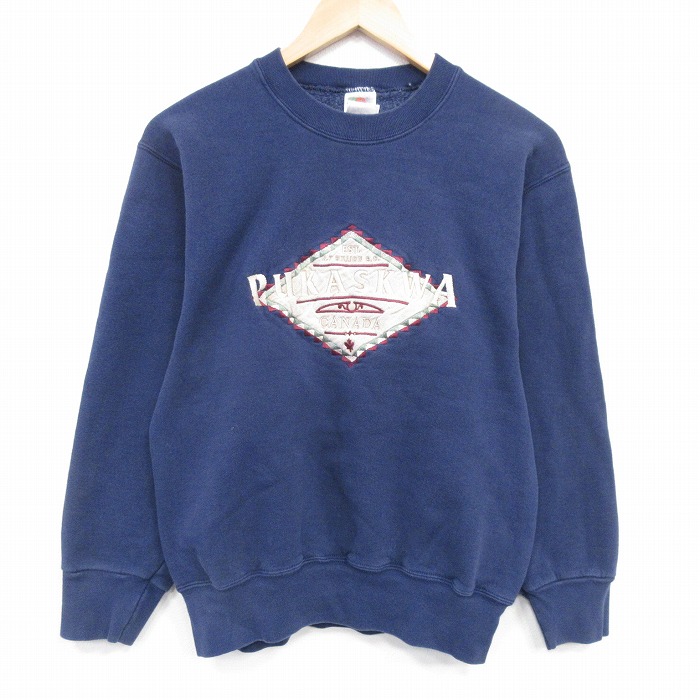 M★古着 フルーツオブザルーム 長袖 スウェット メンズ 00年代 00s PUKASKWA 刺繍 クルーネック 紺 25dec20