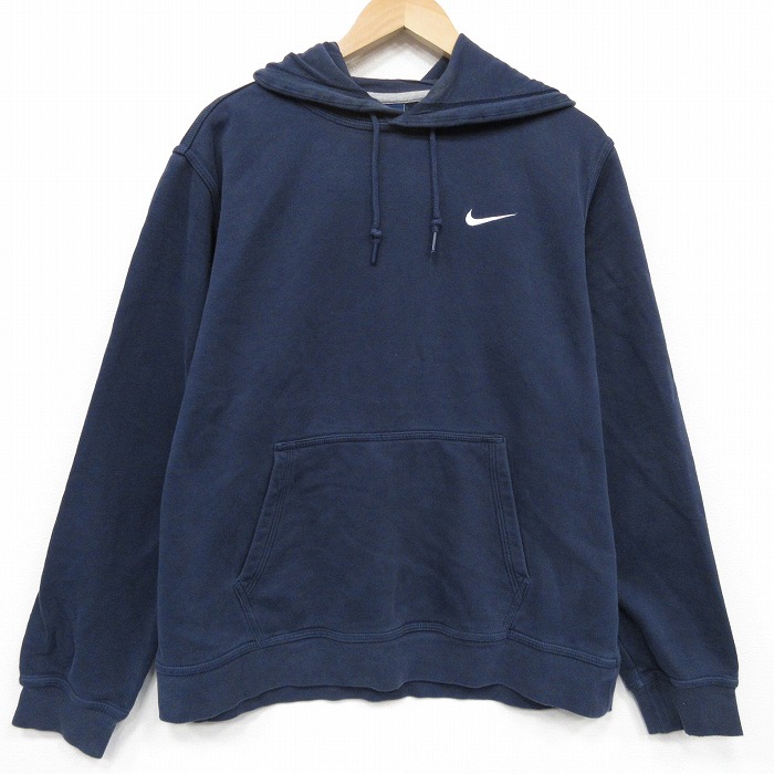 XL★古着 ナイキ NIKE 長袖 スウェット パーカー メンズ ワンポイントロゴ 大きいサイズ 紺 25dec20