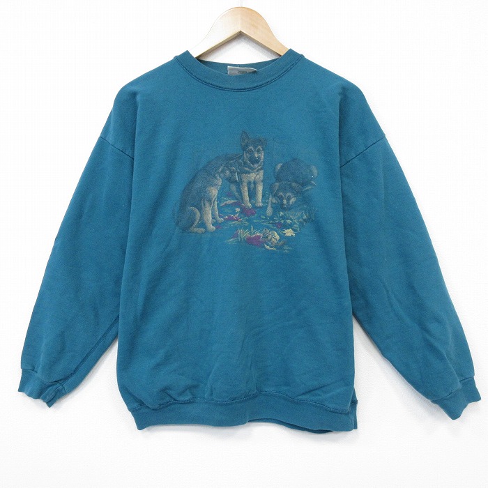 L★古着 NORTHERN REFRECTIONS 長袖 スウェット メンズ 00年代 00s 犬 クルーネック 青緑 25dec20