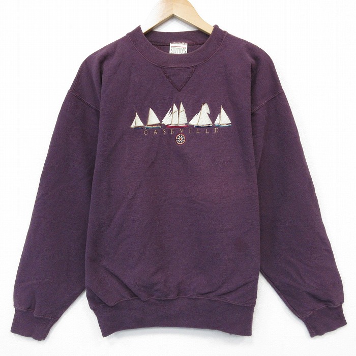 L★古着 長袖 スウェット メンズ 90年代 90s ヨット 刺繍 クルーネック USA製 エンジ 25dec20
