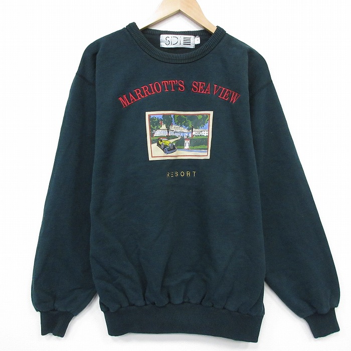 XL★古着 SDI 長袖 スウェット メンズ 90年代 90s リゾート 刺繍 大きいサイズ コットン クルーネック カナダ製 濃緑 25dec20