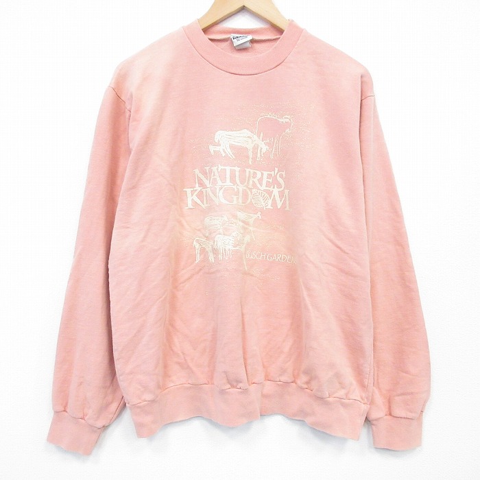 XL★古着 長袖 スウェット メンズ 90年代 90s NATURES コットン クルーネック 薄ピンク 25dec22