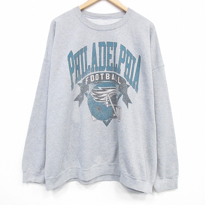 XL★古着 長袖 スウェット メンズ NFL フィラデルフィアイーグルス 大きいサイズ クルーネック 薄グレー 霜降り アメフト スーパーボウル 25dec22