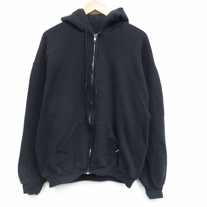 XL★古着 ラッセル 長袖 フルジップ スウェット パーカー メンズ 00年代 00s 無地 大きいサイズ 黒 25dec22