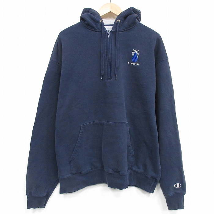 XL★古着 チャンピオン champion 長袖 ハーフジップ スウェット パーカー メンズ MDC 大きいサイズ 紺 25dec22