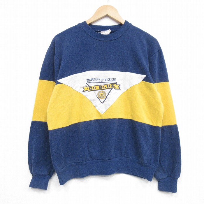 M★古着 長袖 スウェット メンズ 90年代 90s ミシガン カレッジ クルーネック USA製 紺他 25dec22