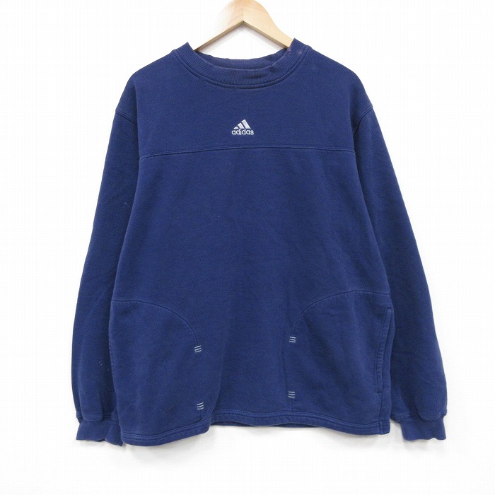 L★古着 アディダス adidas 長袖 スウェット メンズ 00年代 00s ワンポイントロゴ クルーネック 紺 25dec23