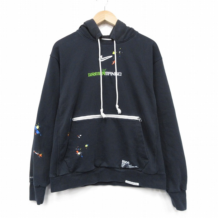 L★古着 ナイキ NIKE 長袖 スウェット パーカー メンズ グリーンマニア 刺? 黒 25dec23