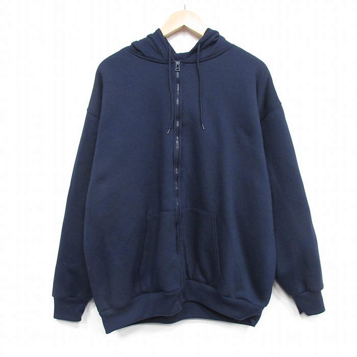 XL★古着 長袖 フルジップ スウェット パーカー メンズ 無地 紺 25dec23