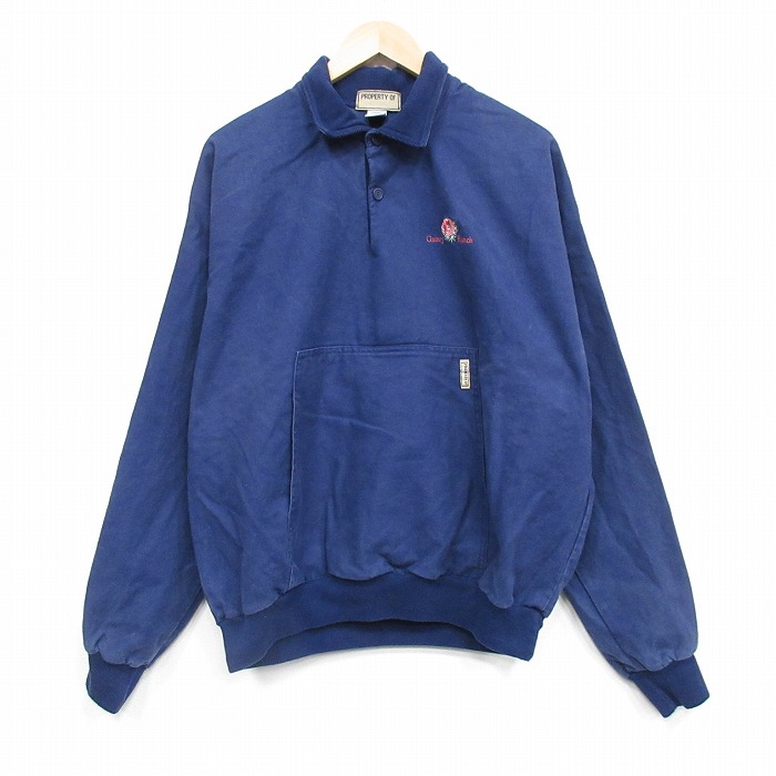 XL★古着 長袖 トップス メンズ 00年代 00s 花 コットン ラグラン 襟付き USA製 紺 25dec23