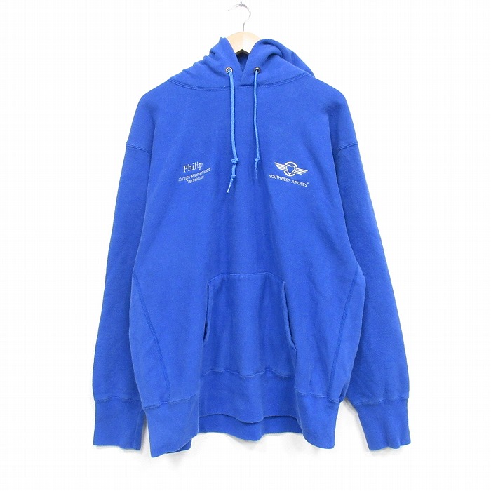 XL★古着 キャンバー 長袖 スウェット パーカー メンズ 90年代 90s サウスウエスト航空 USA製 青 25dec23