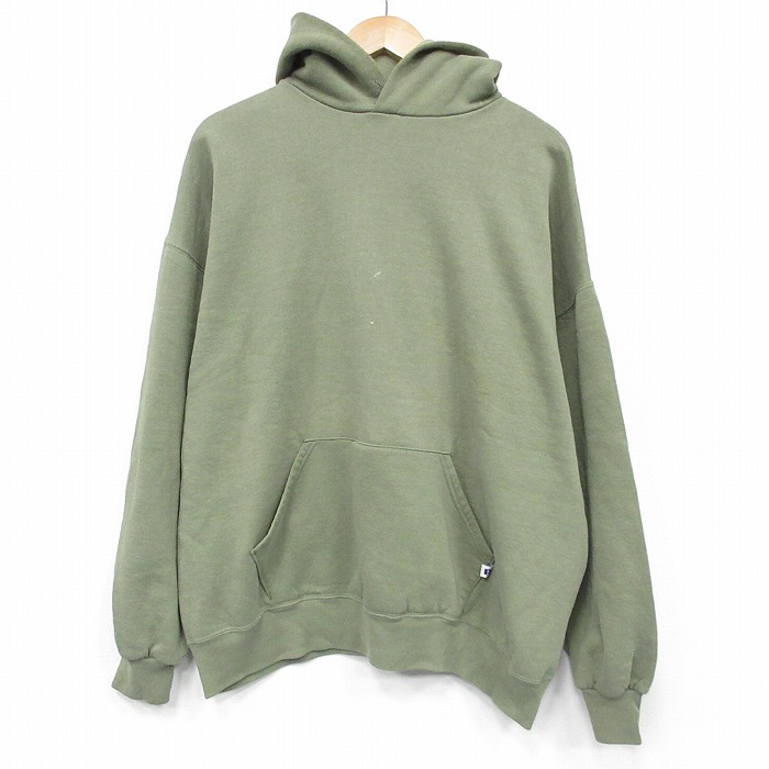 XL★古着 ラッセル 長袖 スウェット パーカー メンズ 90年代 90s 無地 USA製 薄緑 25dec23