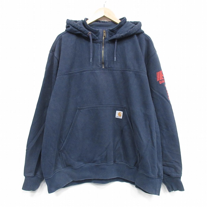 XL★古着 カーハート 長袖 ハーフジップ スウェット パーカー メンズ FIRE 紺 25dec24