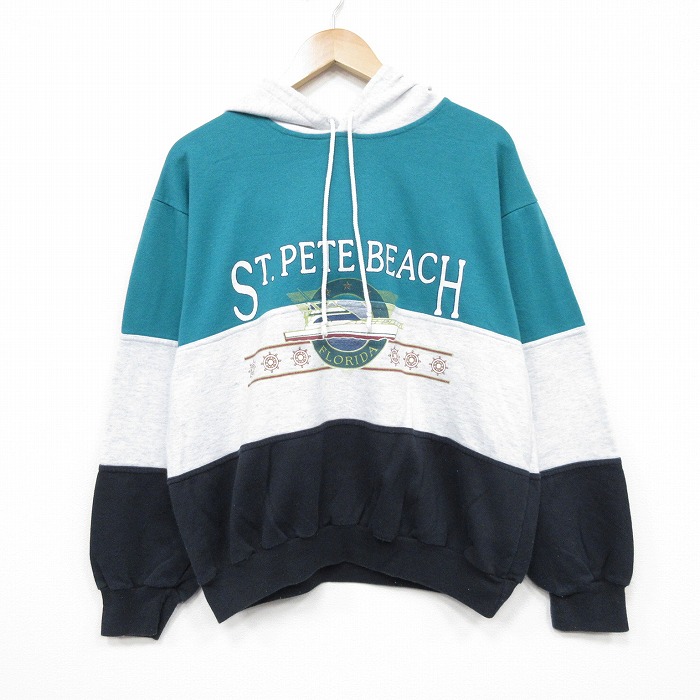 L★古着 長袖 スウェット パーカー メンズ 90年代 90s ボート マルチカラー USA製 青緑他 霜降り 25dec25