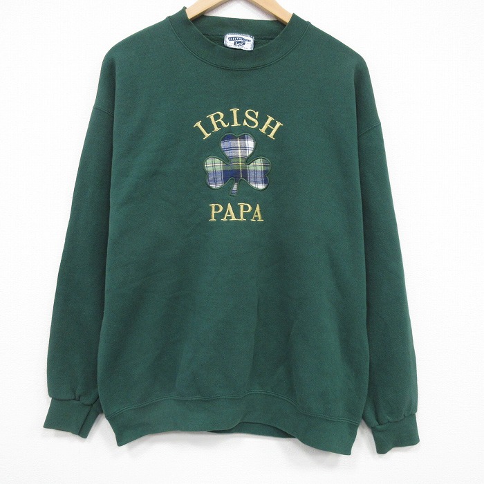 L★古着 リー Lee スウェット ベスト メンズ 90年代 90s アイリッシュ 刺繍 クルーネック USA製 緑 25dec26