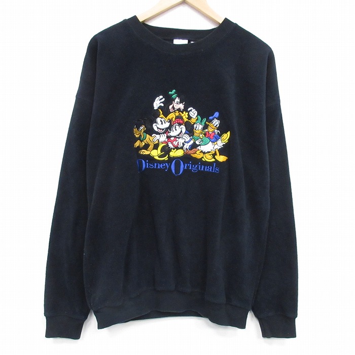 【20%OFF】XL★古着 長袖 スウェット メンズ 00年代 00s ディズニー ミッキー ミニー 刺繍 ポリエステル クルーネック 黒 25dec26