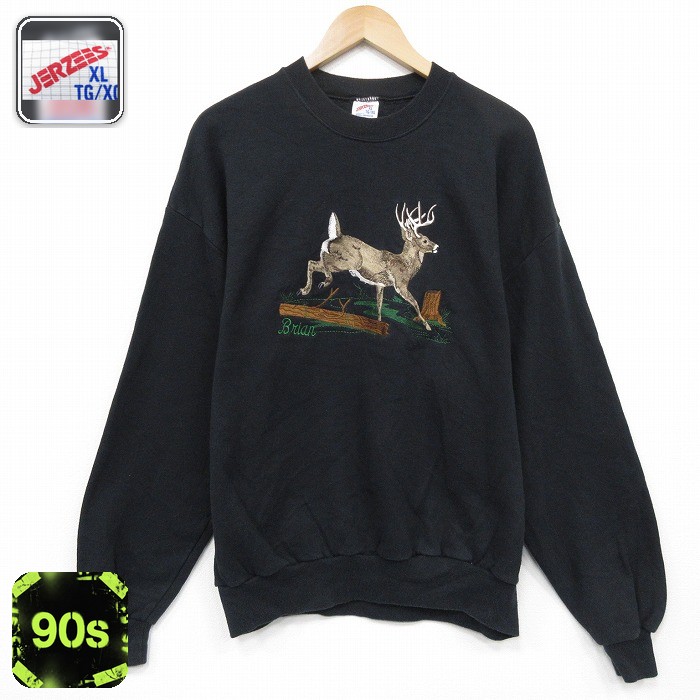 【50%OFF】ジャージーズ 90s 長袖スウェット シカ刺繍 ブラック L | 古着