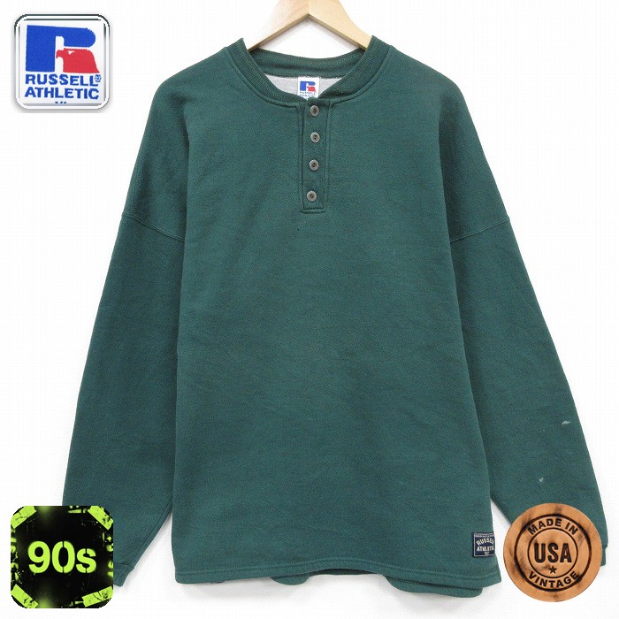【50%OFF】ラッセル 90s 長袖スウェット ヘンリーネック グリーン XL | 古着