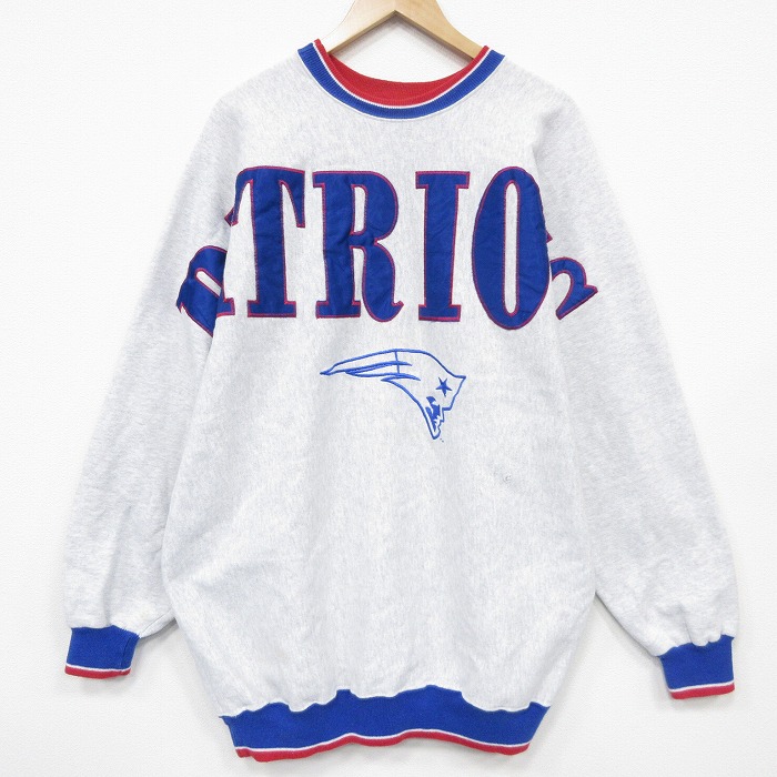 XL★古着 長袖 スウェット メンズ 90年代 90s NFL ニューイングランドペイトリオッツ 刺繍 大きいサイズ クルーネック USA製 薄グレー 霜降り アメフト スーパーボウル【spe】 25dec27
