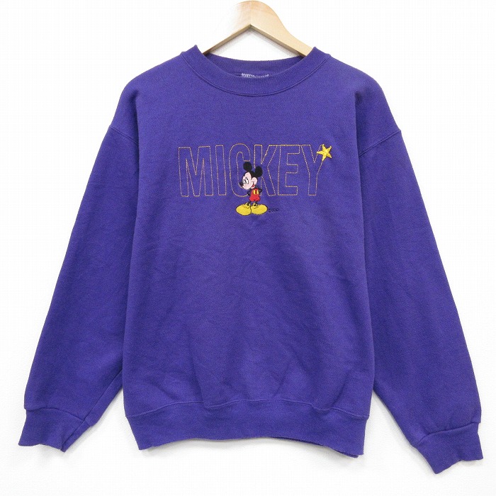 L★古着 長袖 スウェット メンズ 90年代 90s ディズニー ミッキー 刺繍 クルーネック USA製 紫【spe】 25dec27
