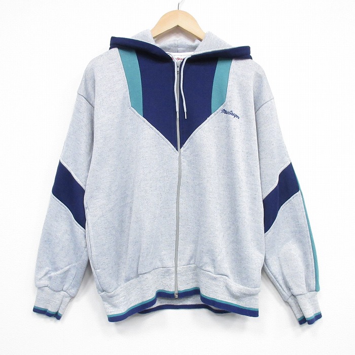 L★古着 長袖 ハーフジップ スウェット パーカー メンズ 90年代 90s ワンポイントロゴ 薄グレー他 霜降り 25dec29